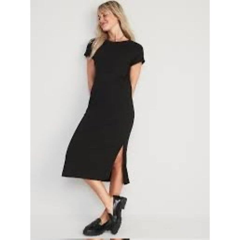 Old Navy (XXL) Black Ribbed Shift Short Sleeve Knit Midi Dress w Leg Slits